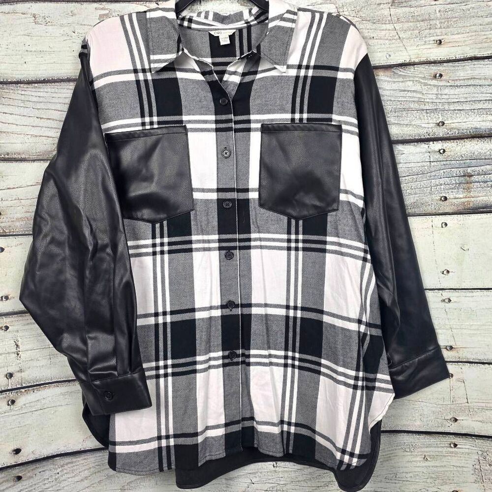 Cato Plaid Faux Leather Button Up Shirt Womens 22/24W
